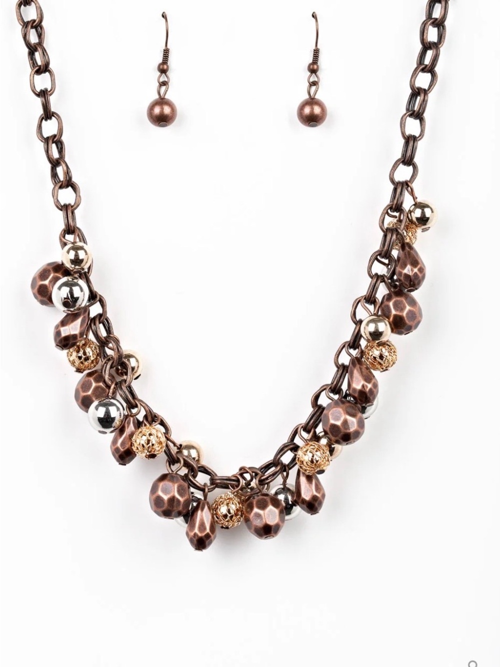 paparazzi Brown and Gold Hammered Bead Statement Necklace with Drop Earrings